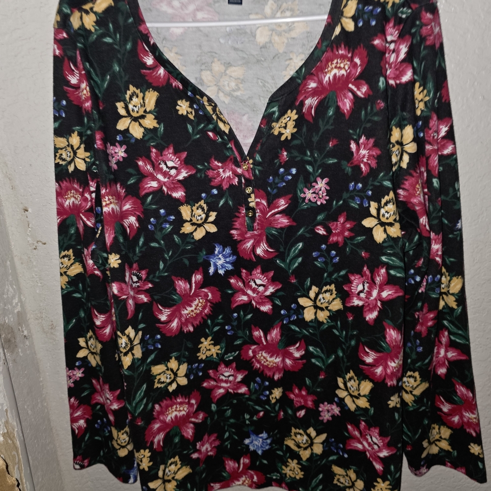 Karen Scott Black Floral Blouse with Pink and Yellow Accents